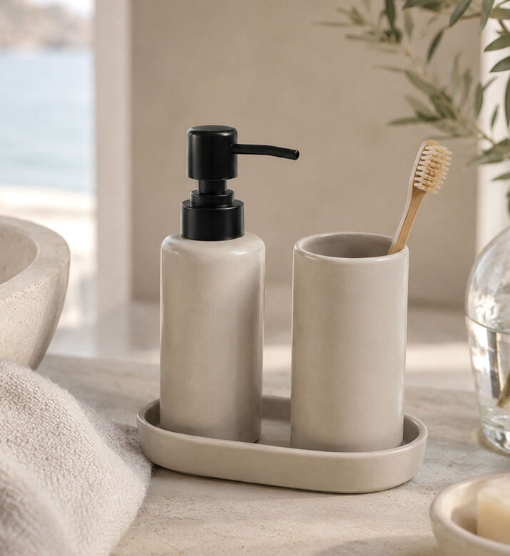 Home Deco and More Bathroom 3-piece Accessory Set, Beige, Packshot View