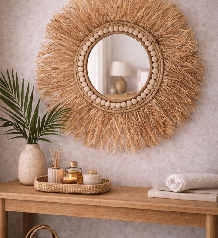 Home and Styling Raffia Beads Hanging Wall Mirror, Brown, 50-cm, Packshot View