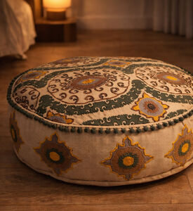 Home Deco and More Mina Embroidered Pompom Embellished Pouf 60x20 Cm, Packshot View