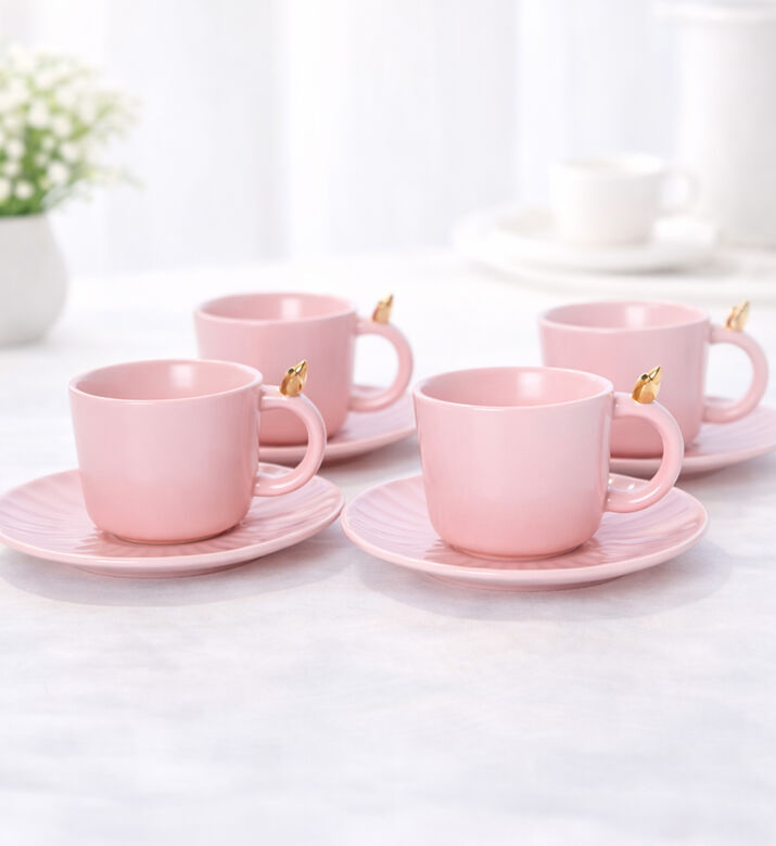 Home Deco and More Bird Coll 4-piece Tea Cup Saucer Set, Pink, Packshot View