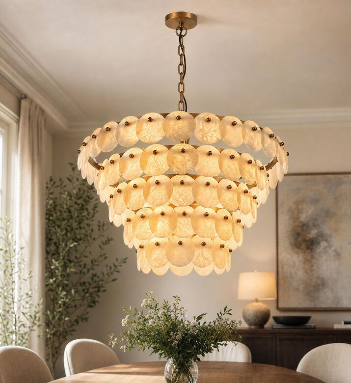 Home Deco and More Resin Round Disc Chandelier, Model View