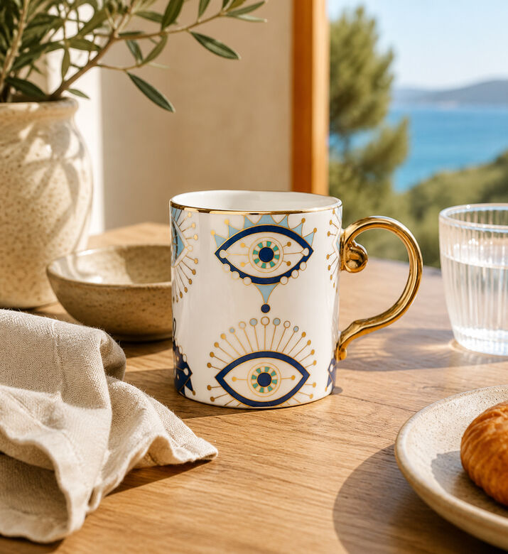 Home Deco and More Porcelain Hamsa Motif Gold Handle Mug, Packshot View