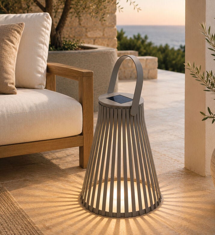 Home Deco and More Slatted Body Solar Led Lantern, Brown, 24-cm, Packshot View