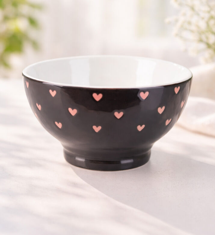 Home Deco and More Stoneware Hearts Design Bowl, Black, Packshot View