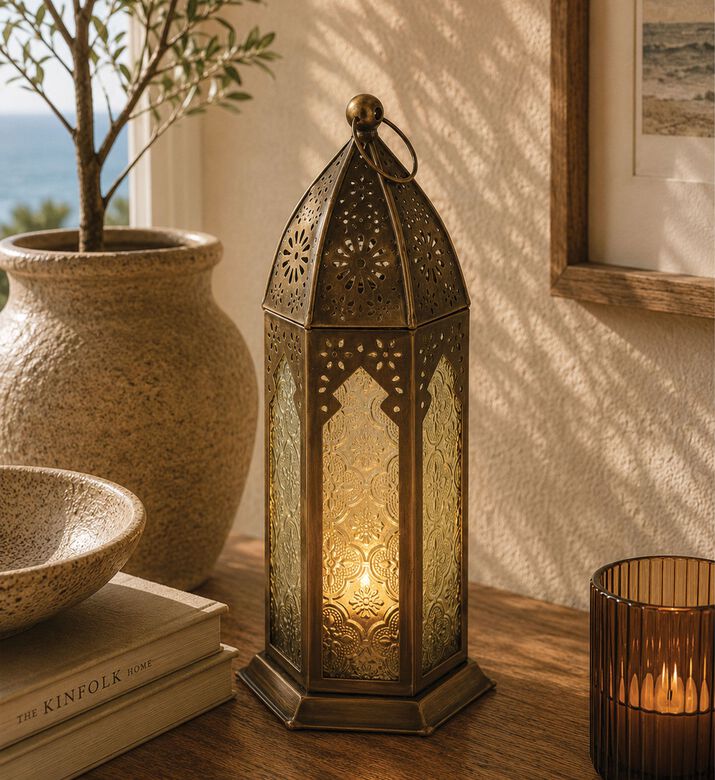 Home Deco and More Glass-panel Cylindrical-shape Lantern, Yellow, Packshot View