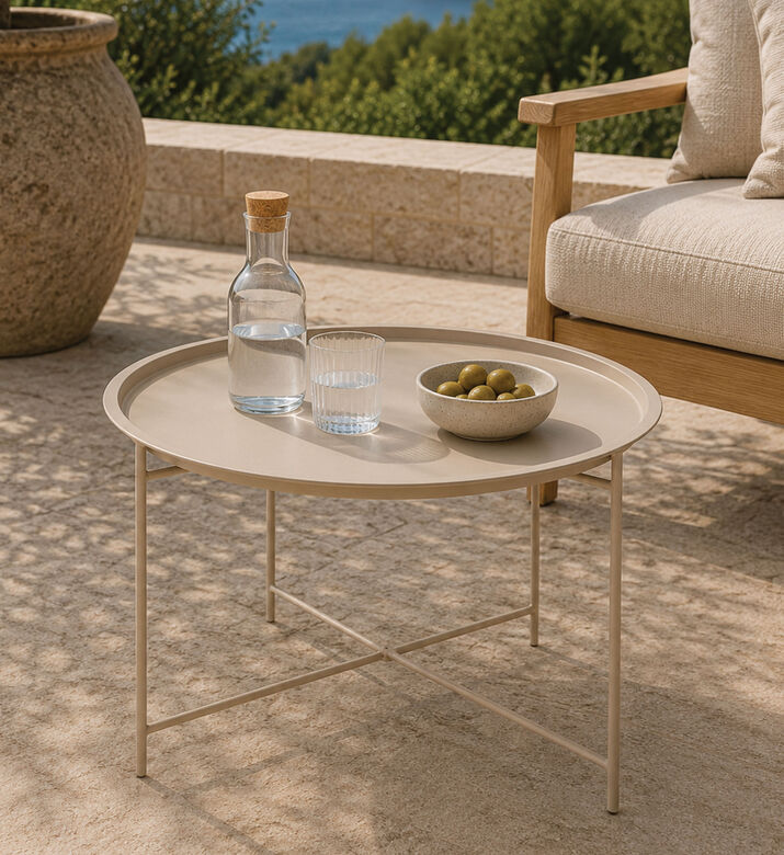 Home Deco and More Rim Top Round Outdoor Table, Beige, Packshot View
