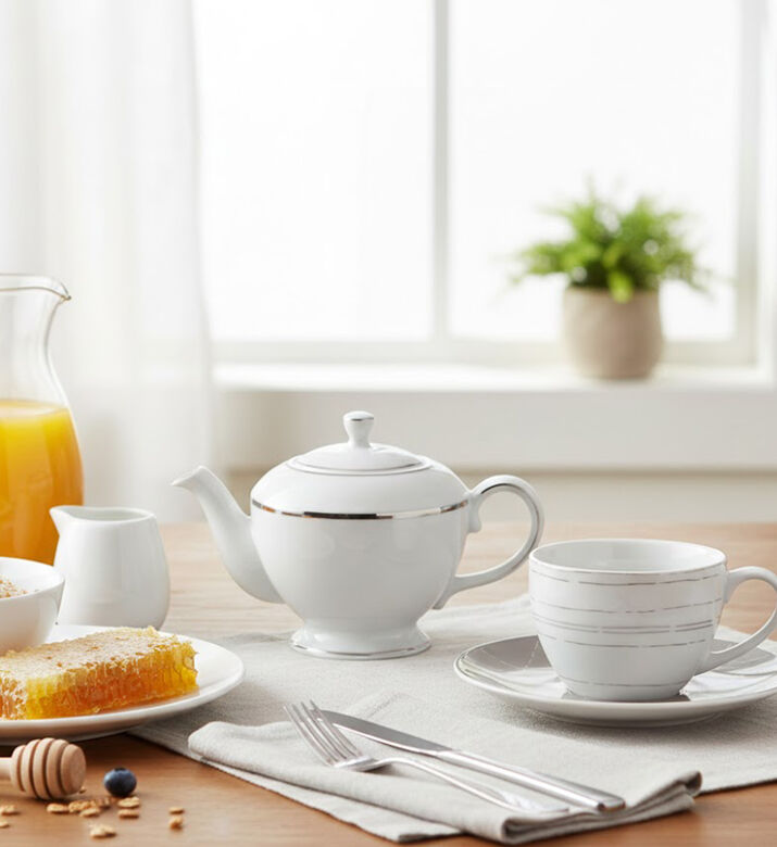 Home Deco and More Silver-rimmed Porcelain Tea Pot, Packshot View