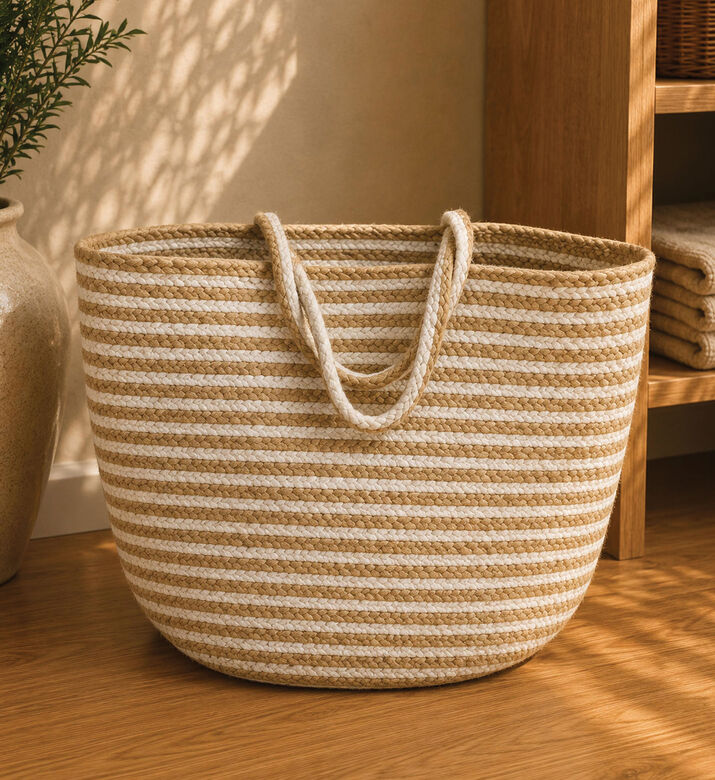 Deko and Co Stripped Jute Basket Bag, White, 30x30x40-cm, Packshot View