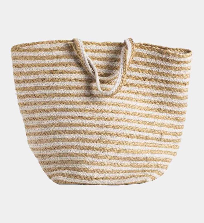 Deko and Co Stripped Jute Basket Bag, White, 30x30x40-cm, Packshot View