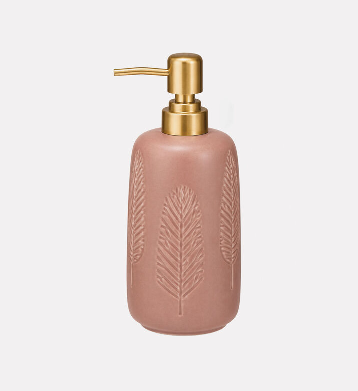 Home Deco and More Stoneware Leaf Motif Soap Dispenser, Pink, Packshot View