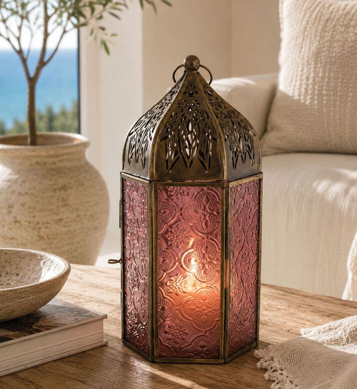 Home Deco and More Glass Cylindrical-shape Lantern, Red, Packshot View