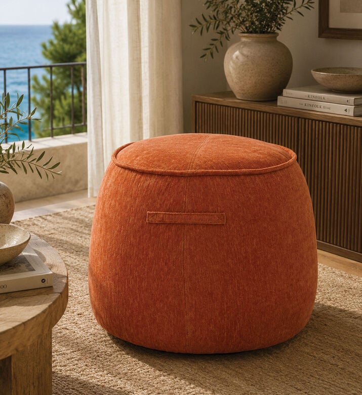 Light and Living Sibiu Textured Round Pouf, Orange, Packshot View