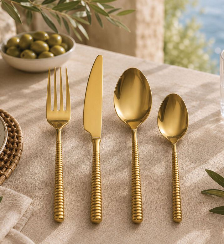 Home Deco and More Stainless Steel 18/0 Shiny-finish 24-piece Cutlery Set, Gold, Packshot View