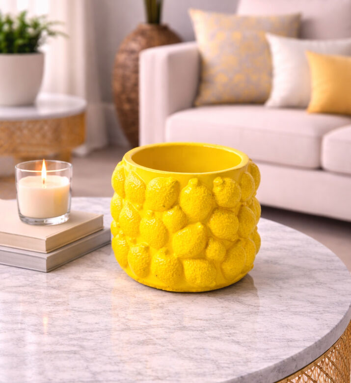 Home Deco and More Cement Lemon Design Flowerpot, Yellow, 10-cm, Packshot View