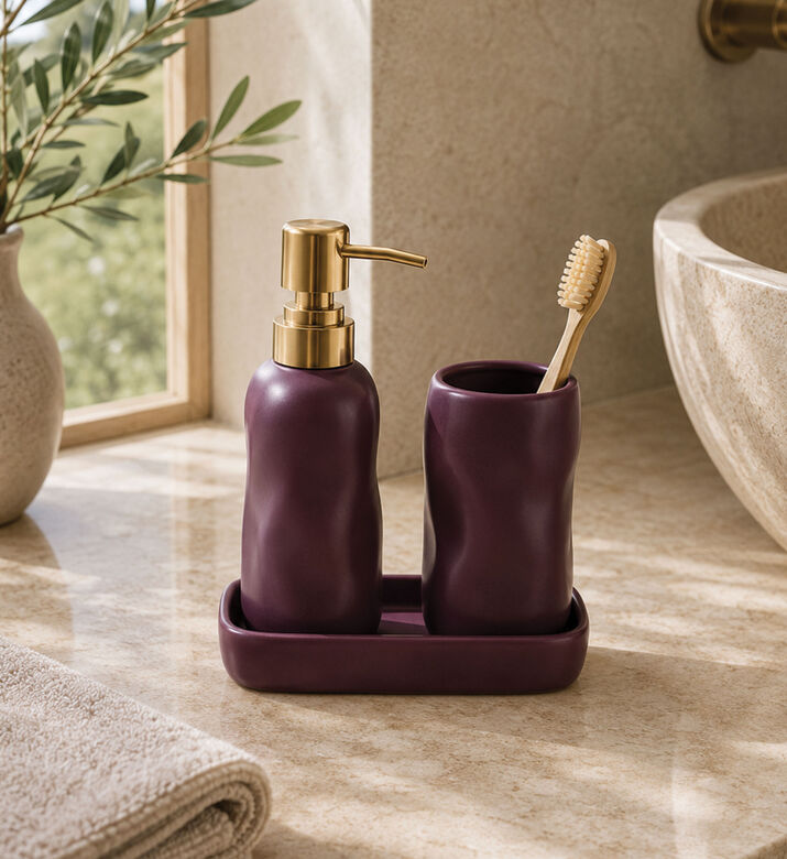 Home Deco and More Ceramic Three-piece Bathroom Set, Purple, Packshot View