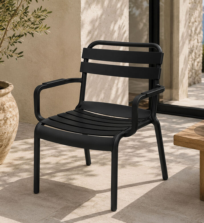 Home Deco and More Stackable Slatted Back Armset Chair, Black, Packshot View