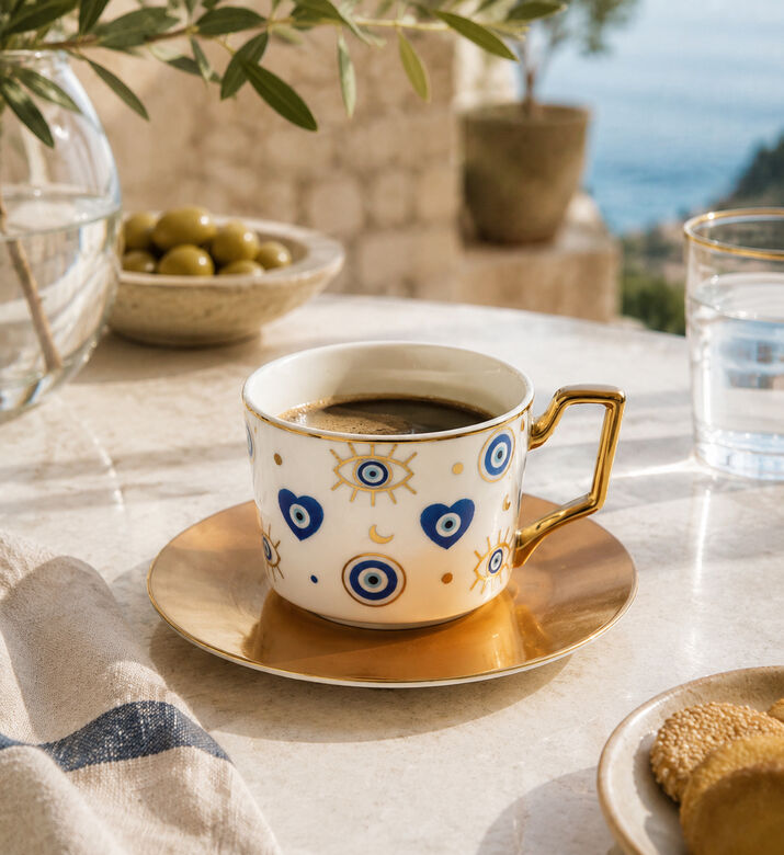 Home Deco and More Porcelain Eye Motif Coffee Cup & Saucer, Packshot View