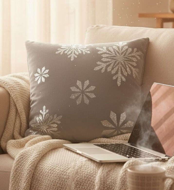 Home and Styling Snowflake Plush Velvet Front Cushion, Grey, Packshot View Home and Styling Snowflake Plush Velvet Front Cushion, Grey, Packshot View