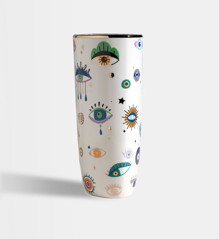 Home Deco and More Multi Eye Design Ceramic Vase, White, 20-cm, Packshot View