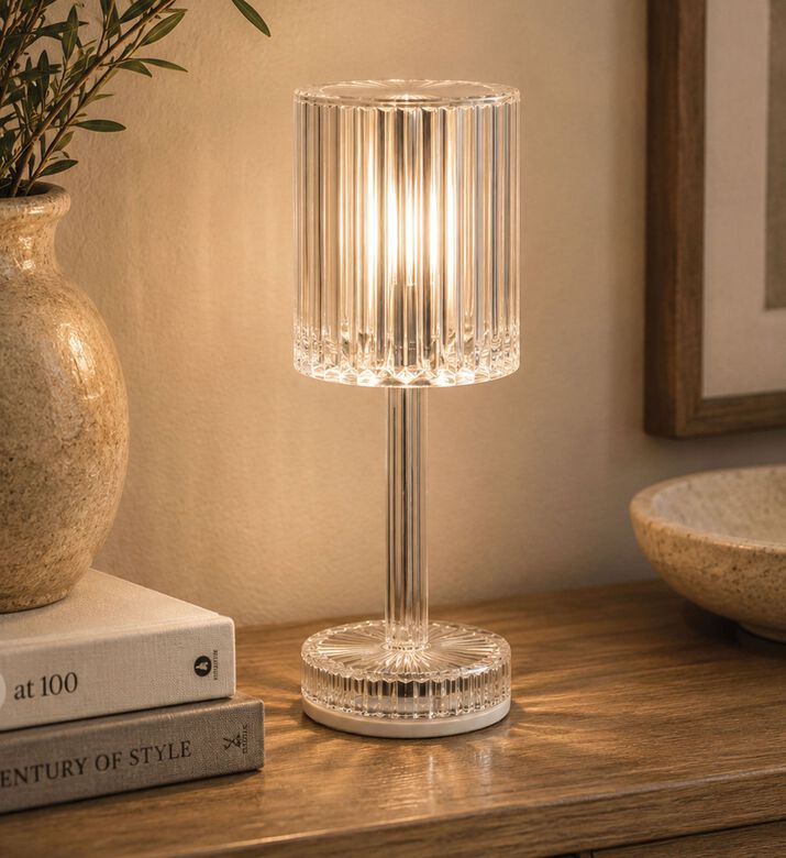 Home Deco and More Ribbed Cylindrical Table Lamp, Silver, Packshot View