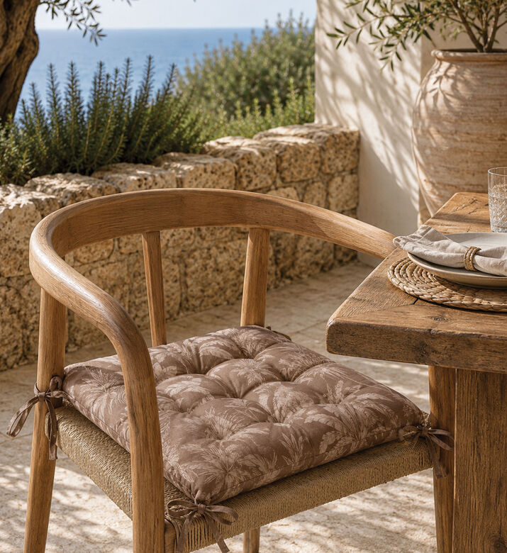 Home Deco and More Taupe Botanical Seat Cushion With Ties, Packshot View