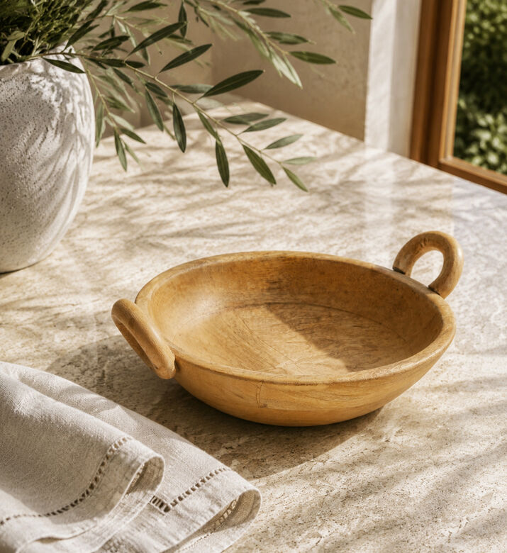 Home Deco and More Natural Wood Round Handled Bowl, Beige, 25x29-cm, Packshot View
