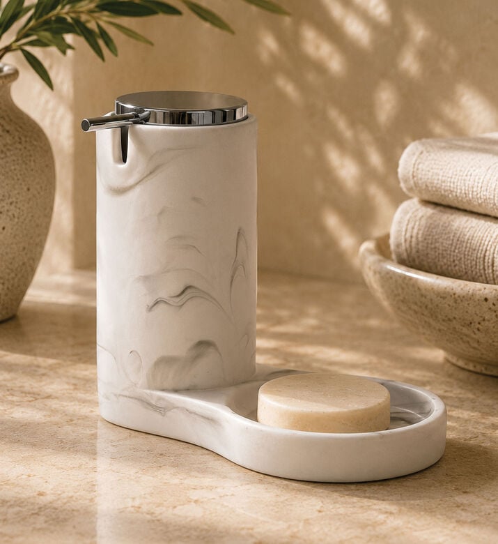 Home Deco and More Marble-print 2-in-1 Soap Dispenser, White, Packshot View