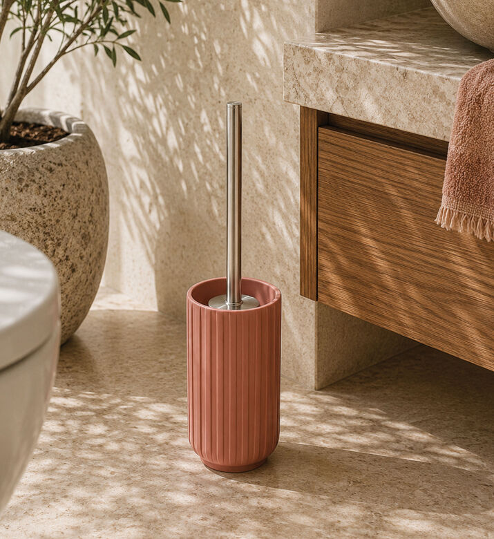 Home Deco and More Stoneware Ribbed Toilet Brush Holder, Pink, Packshot View
