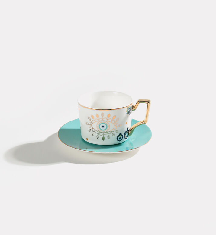 Home Deco and More Green Eye Porcelain Coffee Cup & Saucer, Packshot View