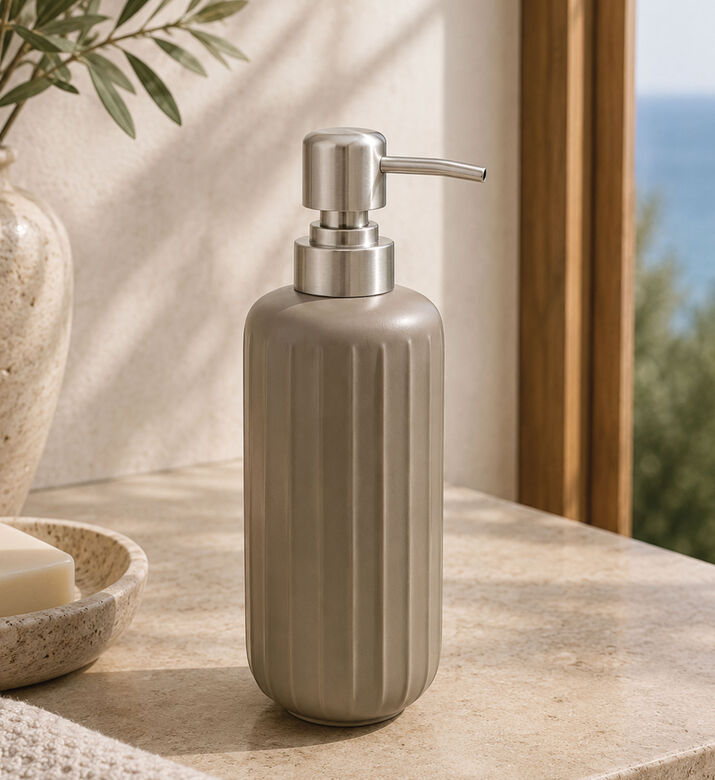 Home Deco and More Stoneware Ribbed Soap Dispenser, Brown, Packshot View