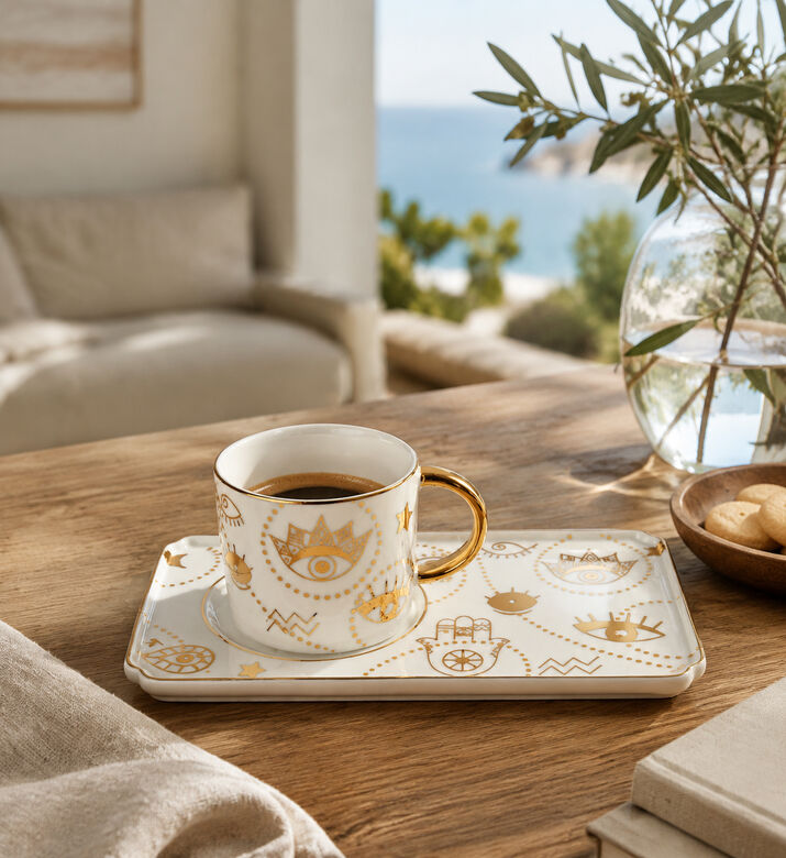 Home Deco and More Gold Eye Porcelain Cup & Tray Set, Packshot View
