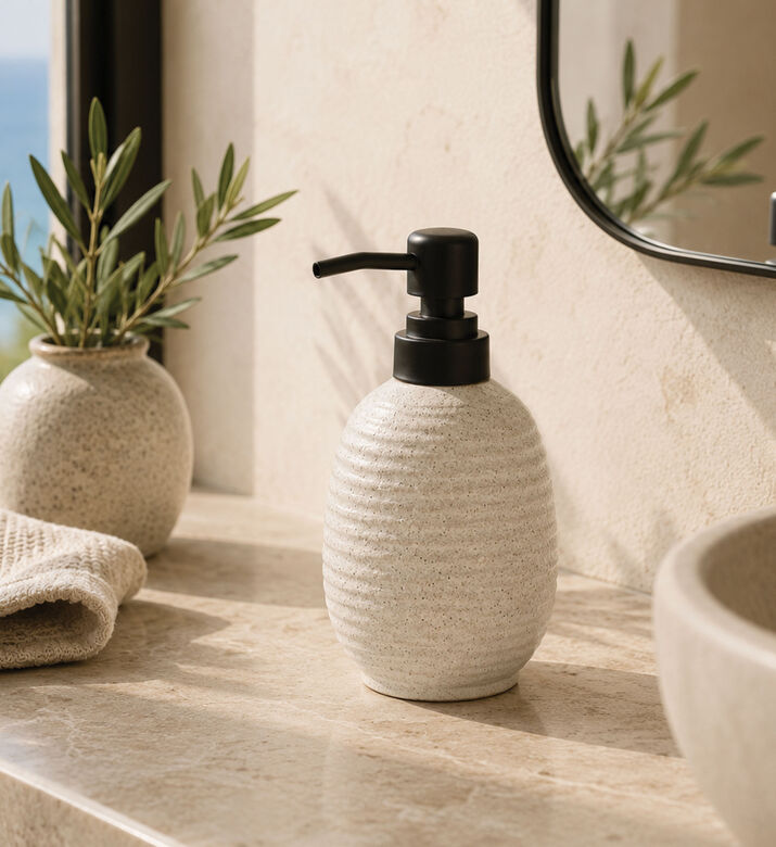 Home Deco and More Stoneware Soap Dispenser, Beige, Packshot View