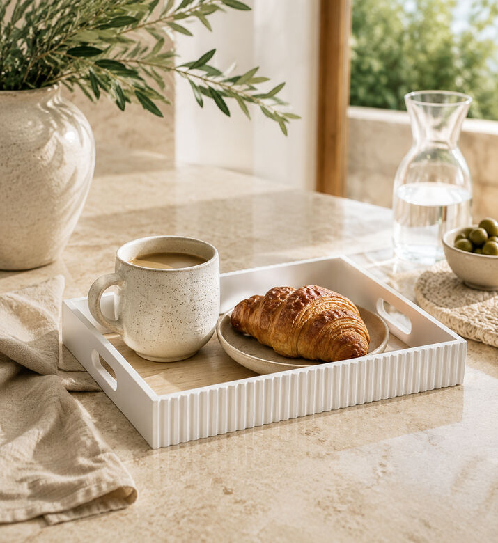Home Deco and More Mdf Ribbed Sides Serving Tray, White, S, Packshot View