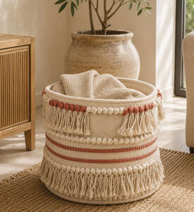 Deko and Co Frill Cotton Basket, Coral, 30x30-cm, Packshot View