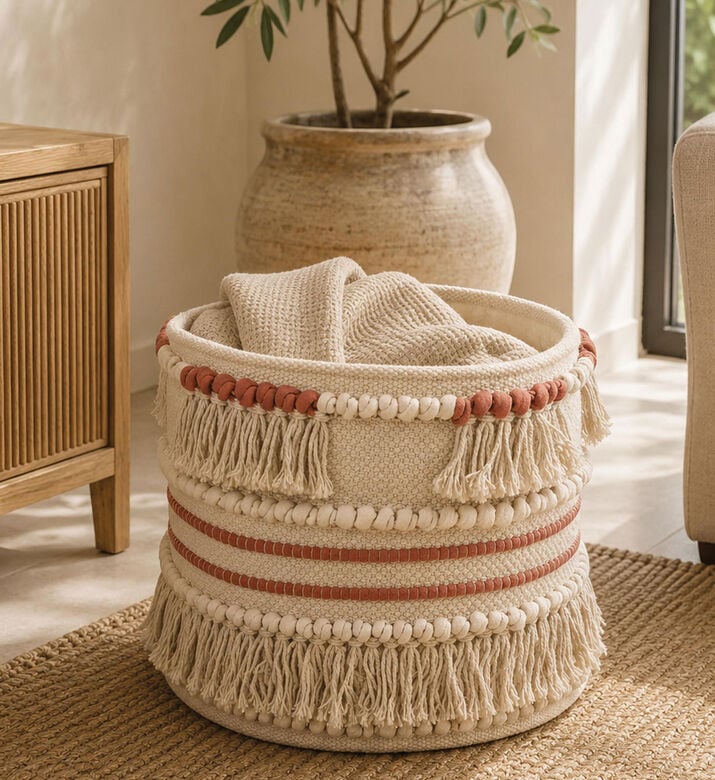 Deko and Co Frill Cotton Basket, Coral, 30x30-cm, Packshot View