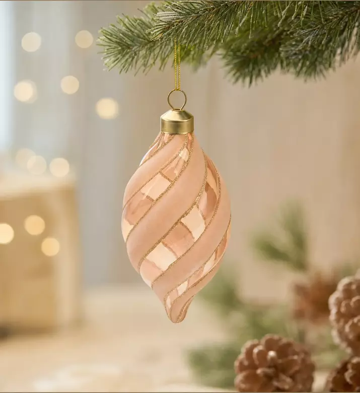 Home Deco and More Swirling Ribbon Elongated Tear-drop Ornament, Model View