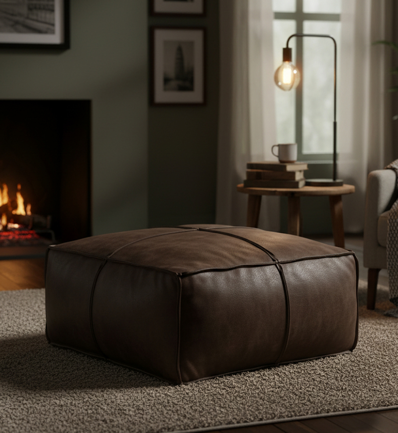 Elmer Suede Leather Square Pouf