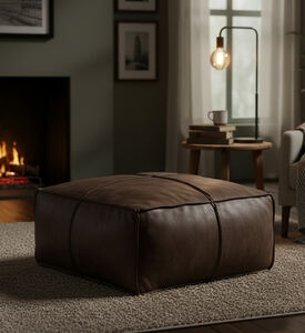 Home Deco and More Elmer Suede Leather Square Pouf, Olive, Packshot View