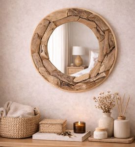 Home and Styling Teak Wood Round Wall Mirror, Packshot View