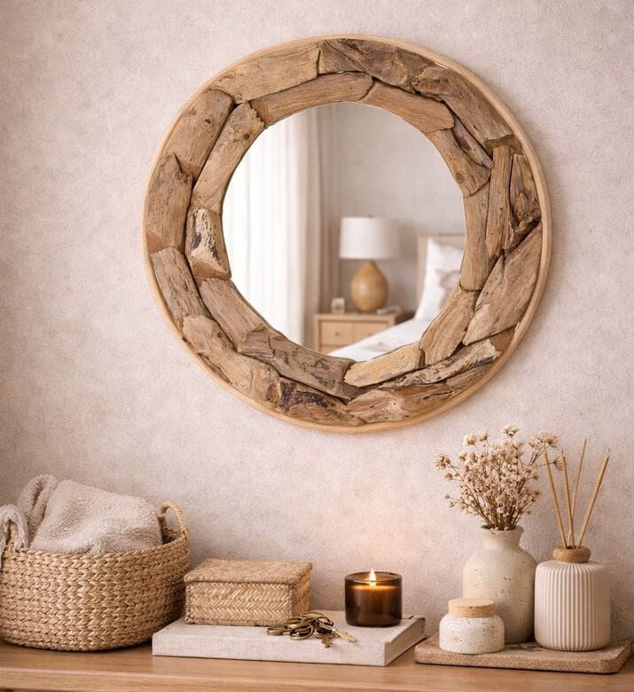 Home and Styling Teak Wood Round Wall Mirror, Packshot View