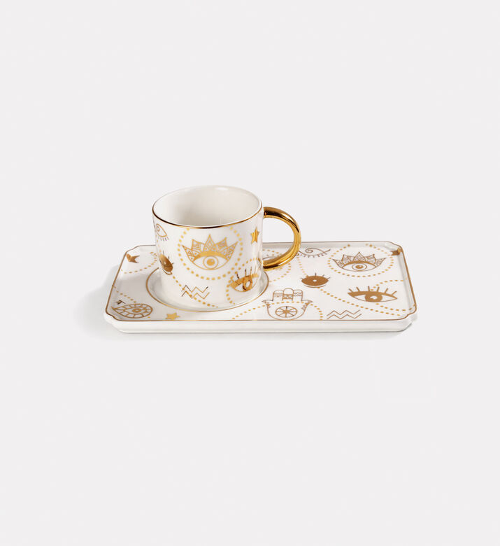 Home Deco and More Gold Eye Porcelain Cup & Tray Set, Packshot View