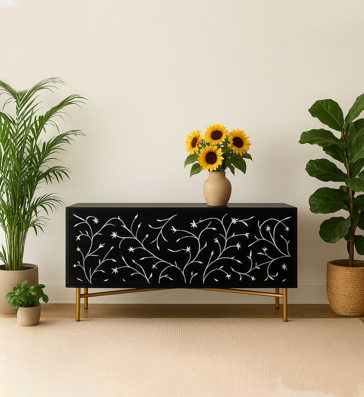 Home Deco and More Flora Mango Wood Iron Buffet Brass Stand, Packshot View Home Deco and More Flora Mango Wood Iron Buffet Brass Stand, Packshot View