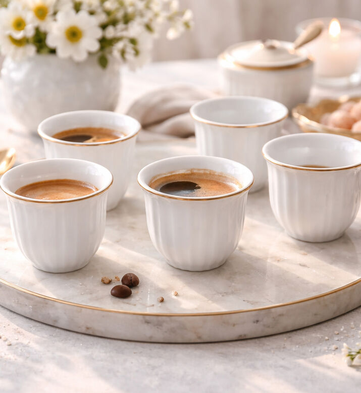 Home Deco and More Tunis Porcelain Coffee Cups 6-piece Set, Gold, Packshot View