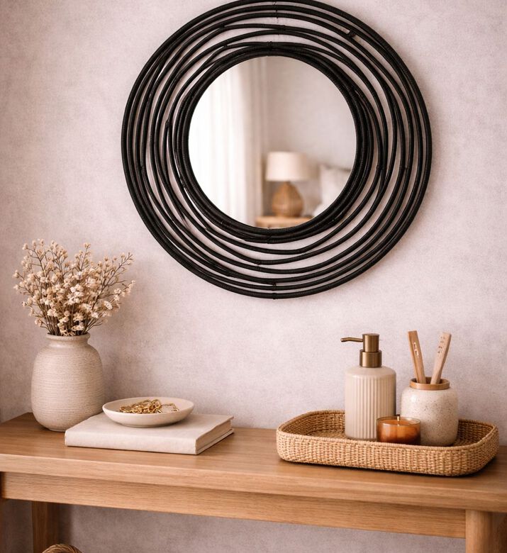Home Deco and More Kubu Sun Rattan Wall Mirror, Black, Packshot View
