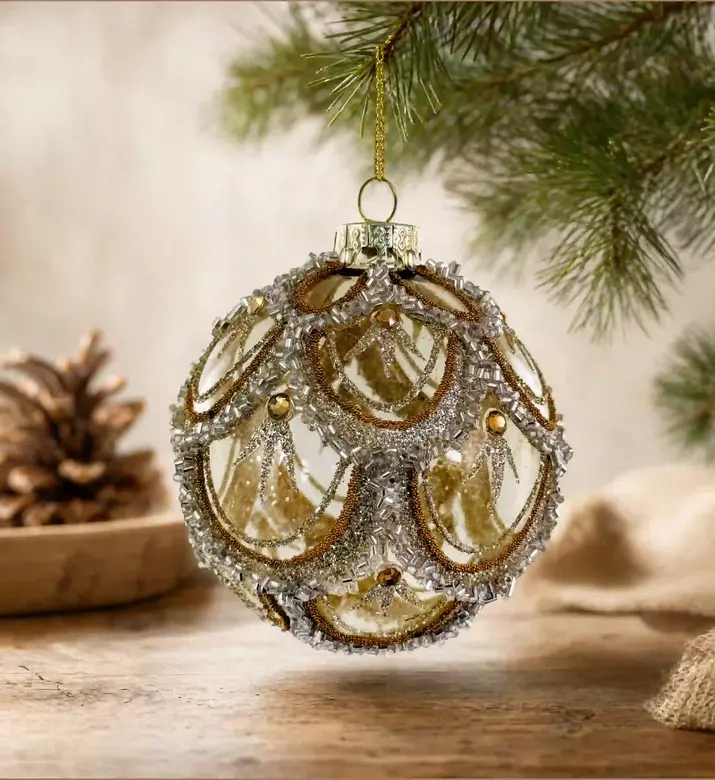 Shishi Bead Garland Glass Ball Ornament, Gold, 10-cm, Model View