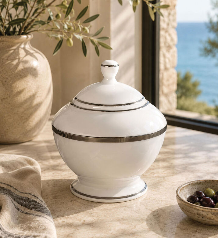 Home Deco and More Silver-rimmed Porcelain Sugar Box, Packshot View