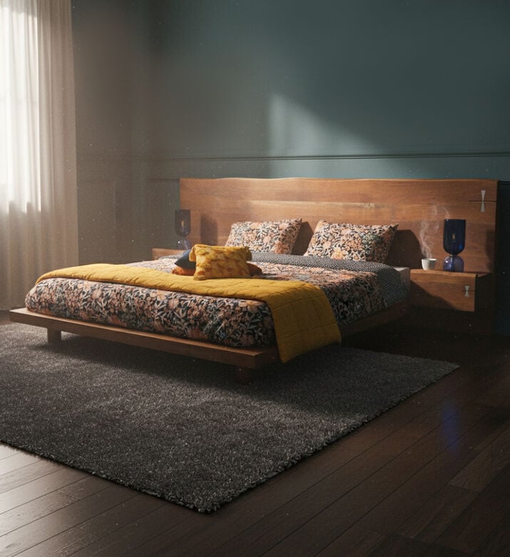 Home Deco and More Ethnic Acacia Wood King Bed, Packshot View Home Deco and More Ethnic Acacia Wood King Bed, Packshot View