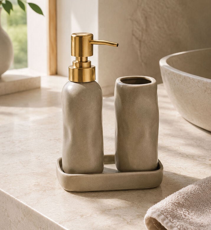 Home Deco and More Ceramic Three-piece Bathroom Set, Beige, Packshot View