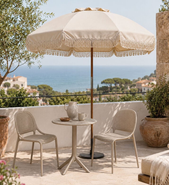 Home Deco and More Wooden Fringe Outdoor Umbrella, Cream, 180-cm, Packshot View