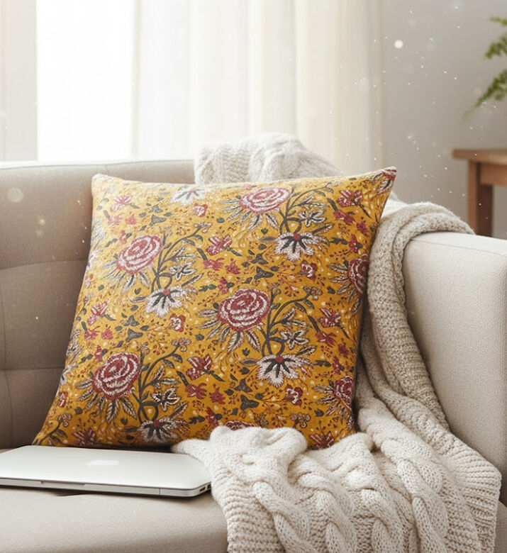 Home Deco and More Leila Block-print Linen Filled And Vaccumed Cushion, Packshot View